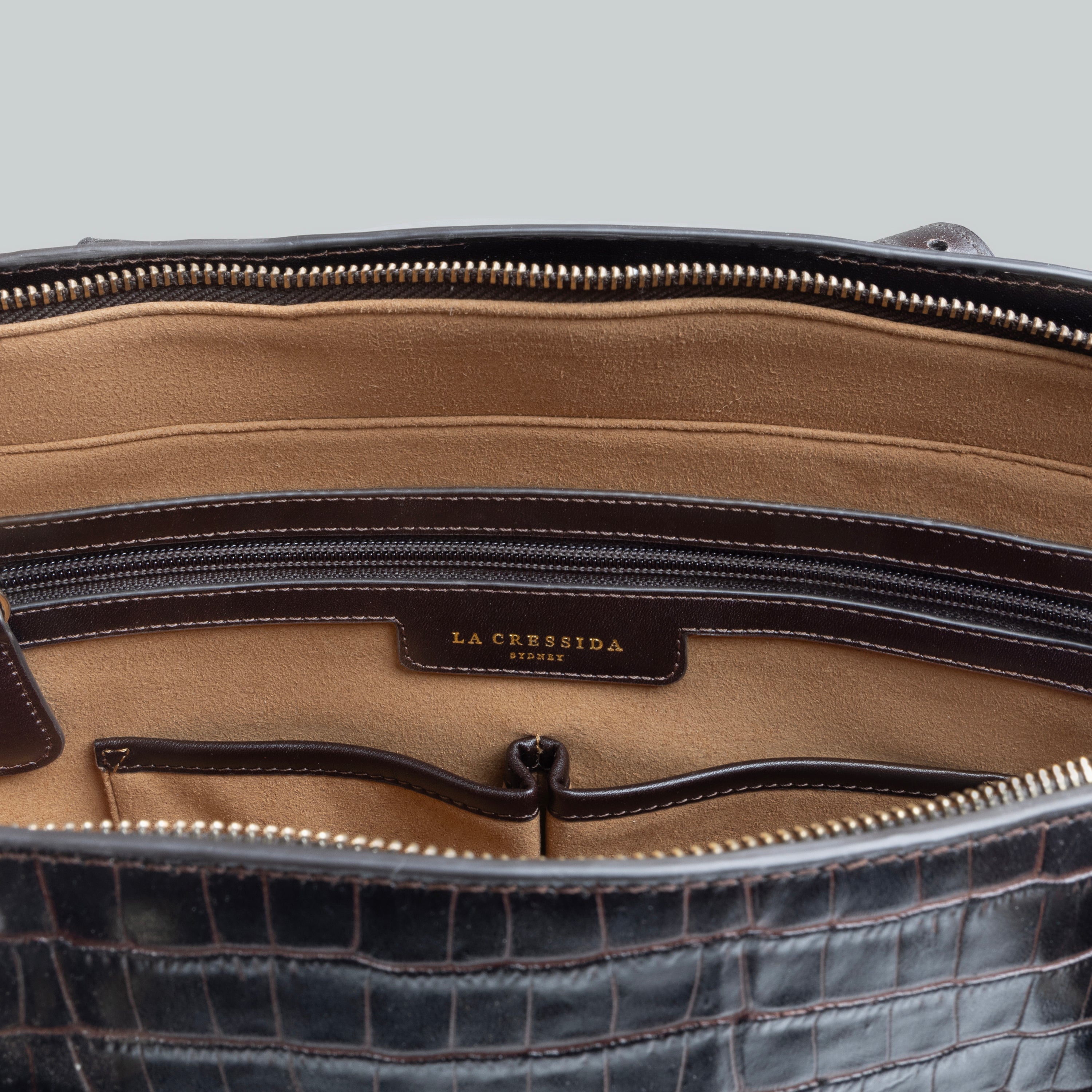 La Cressida Chocolate Brown Croco Leather Bag