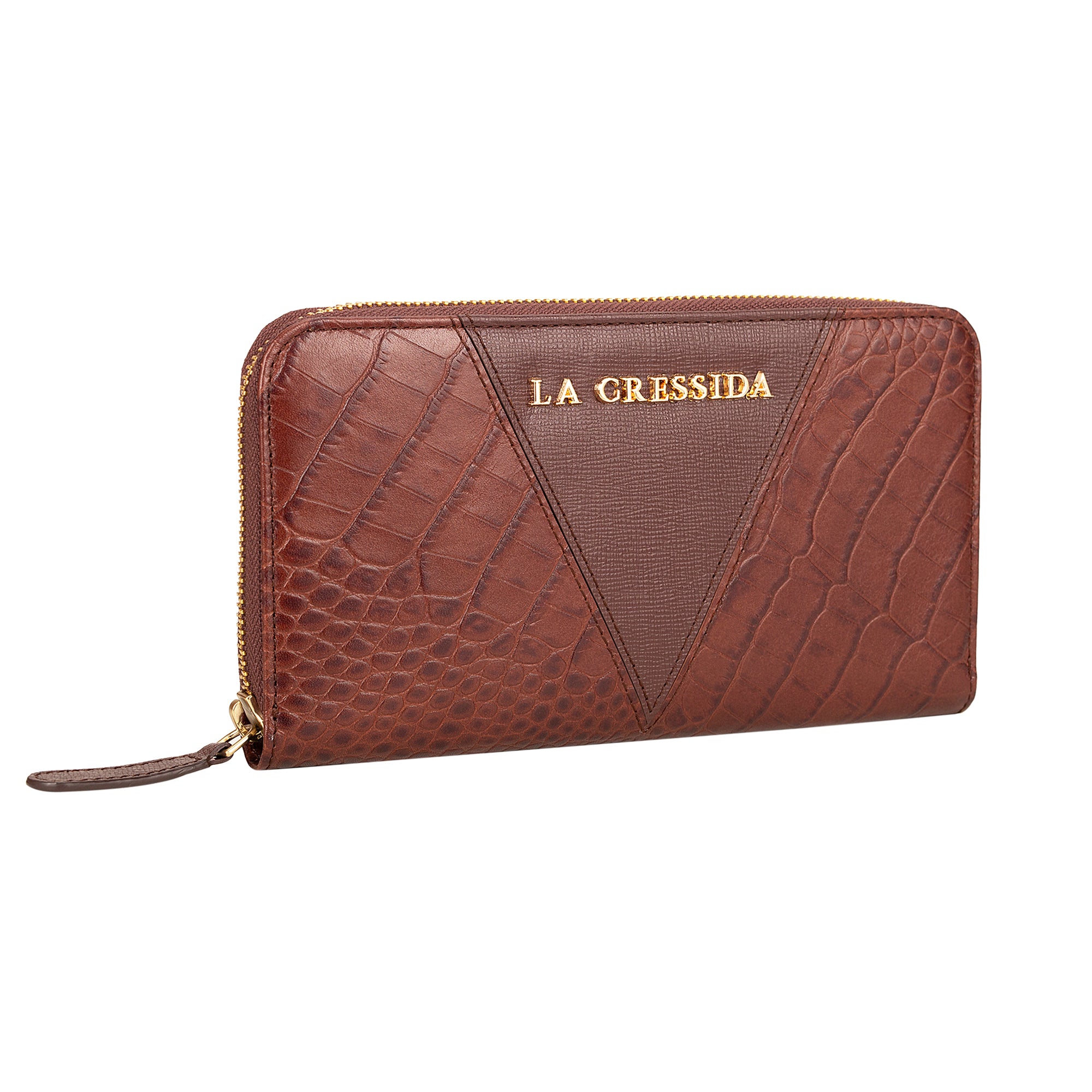 La Cressida Croco Saffiano Brown Designer Leather Clutch