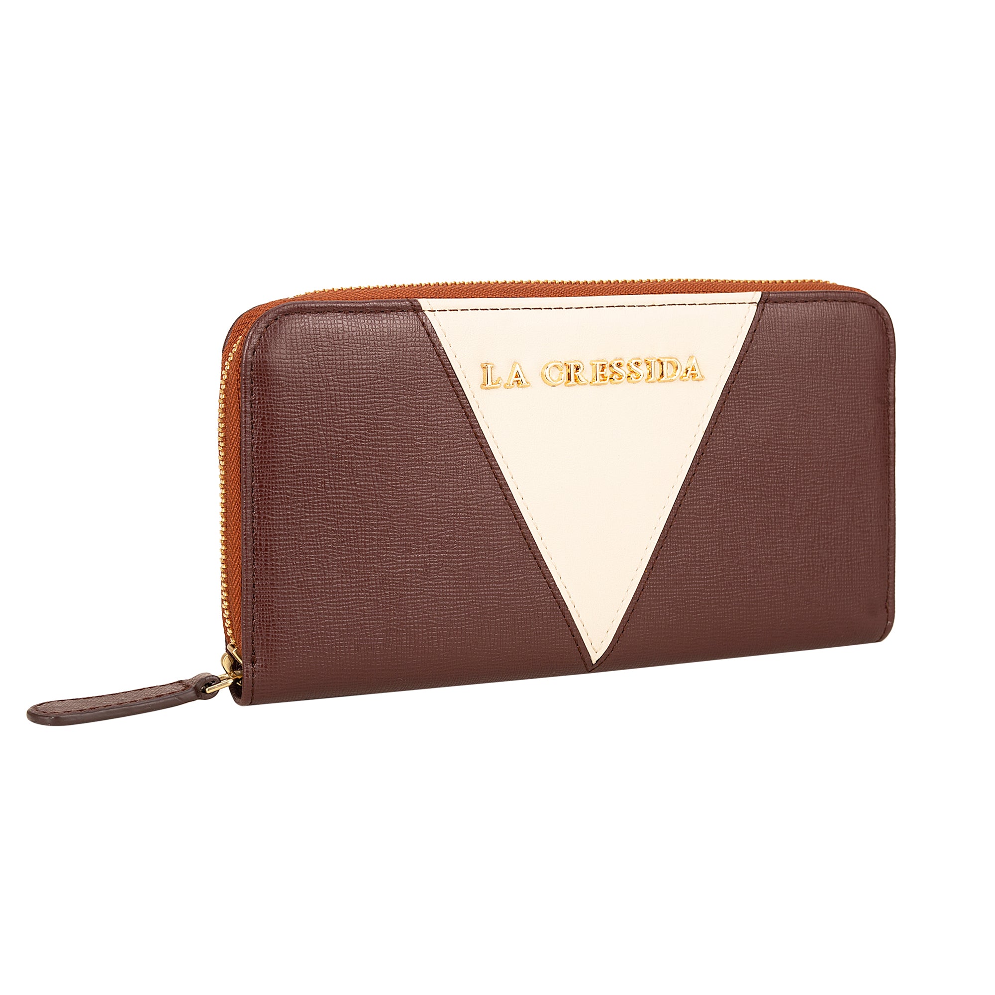 La Cressida Brown Croco & Beige Saffiano Designer Leather Clutch
