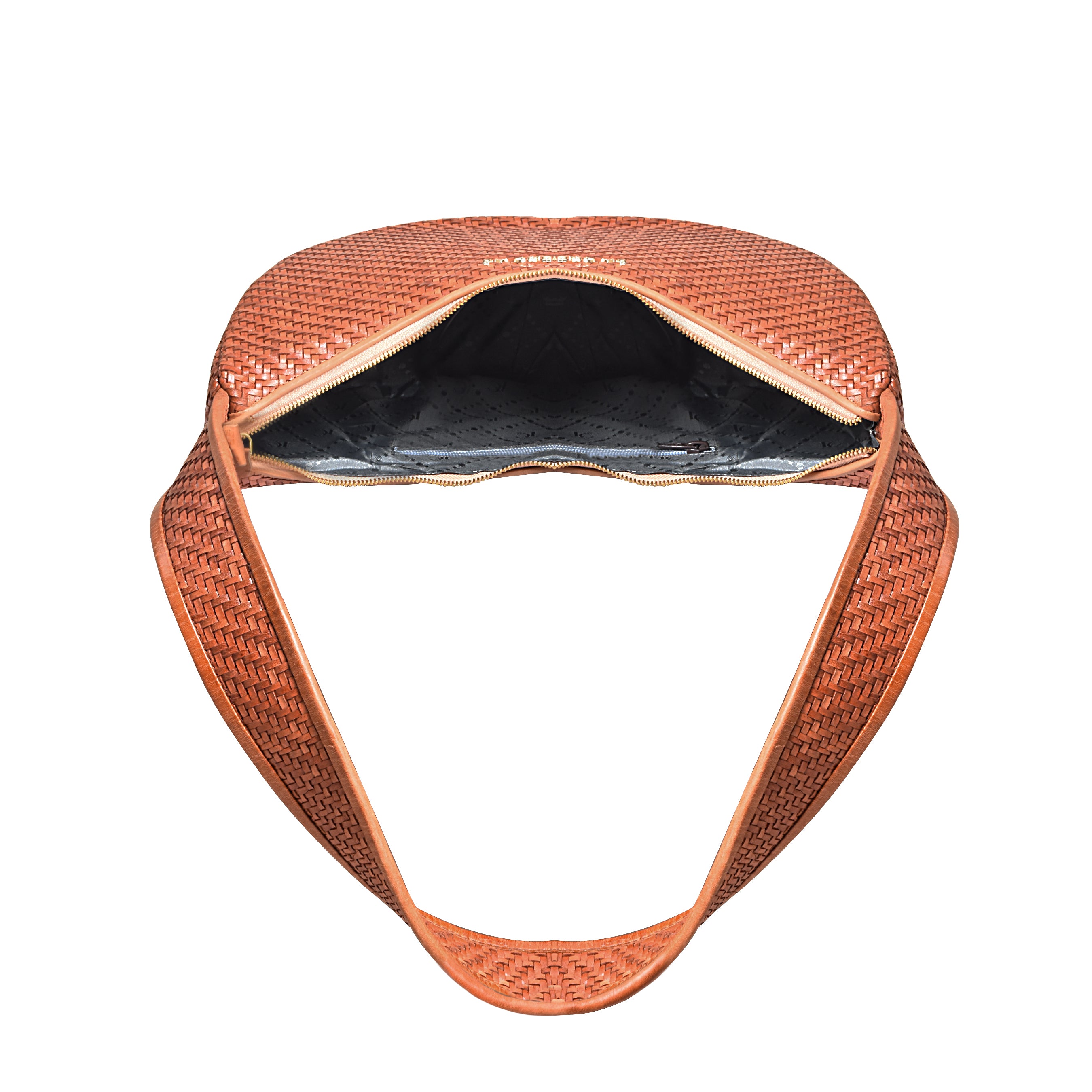 La Cressida Handwoven Brown Leather Half-Moon Shoulder Bag