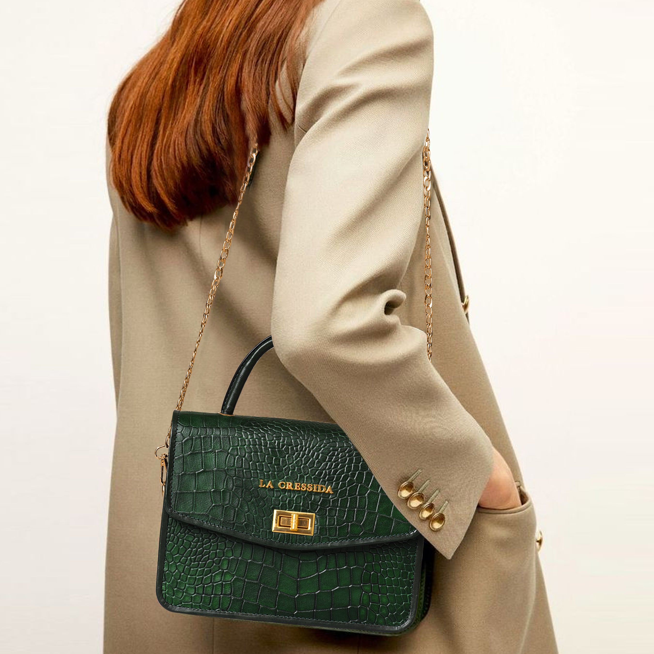 La Cressida Emerald Green Croc-Embossed Mini Bag