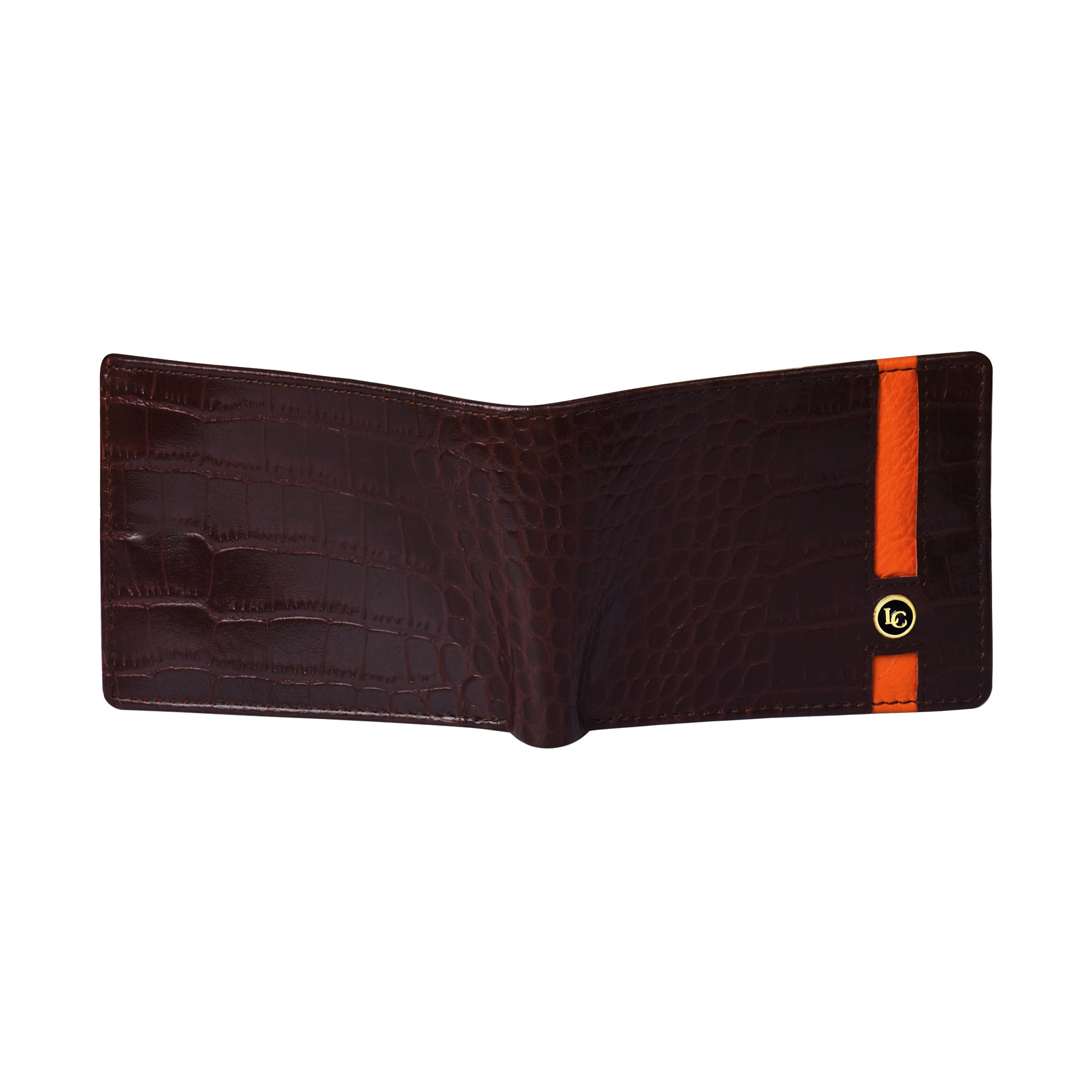 La Cressida Men's Brown Croco-Embossed Wallet with Orange Stripe