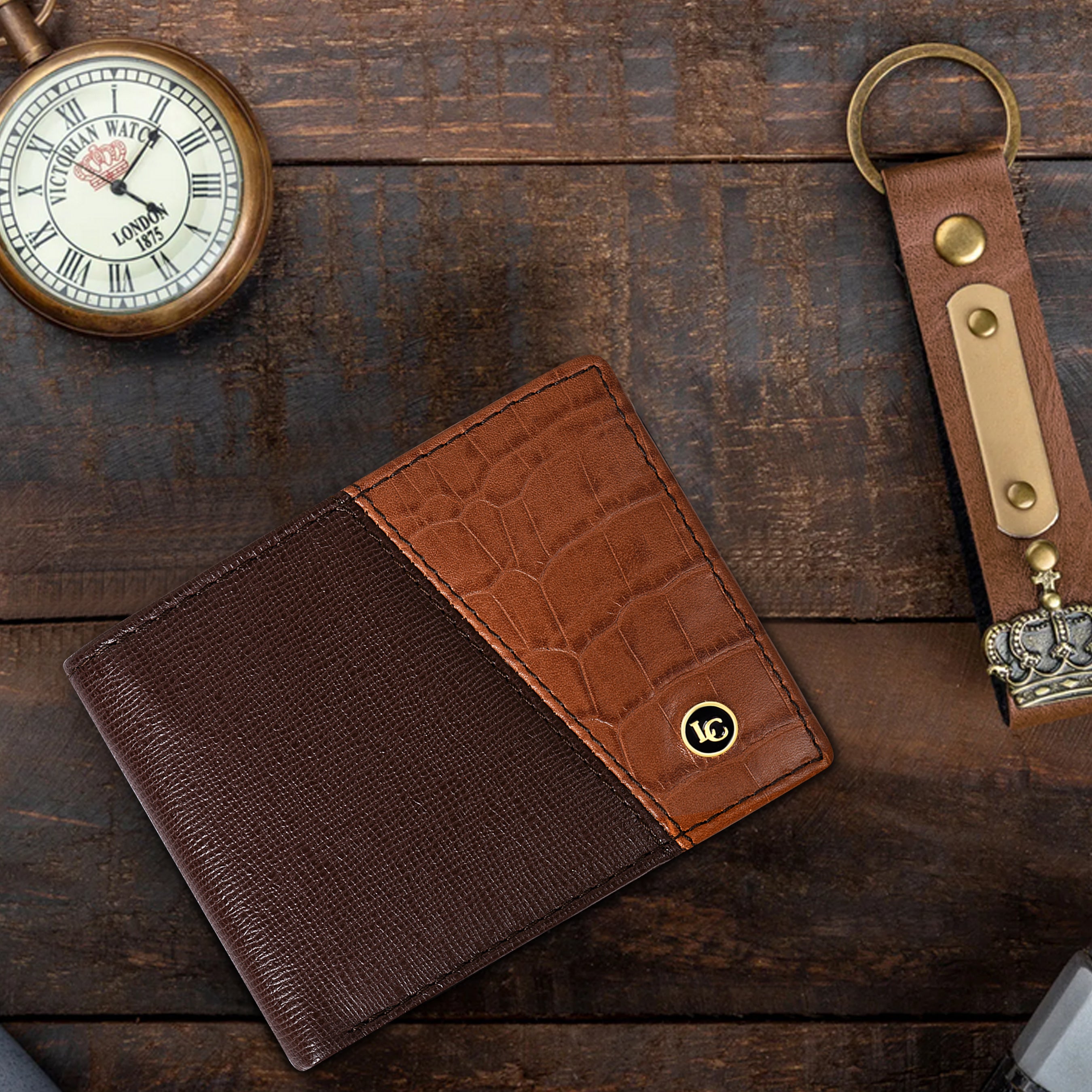 La Cressida Men's Saffiano Croco Print Brown Tan Leather Bi-fold Wallet