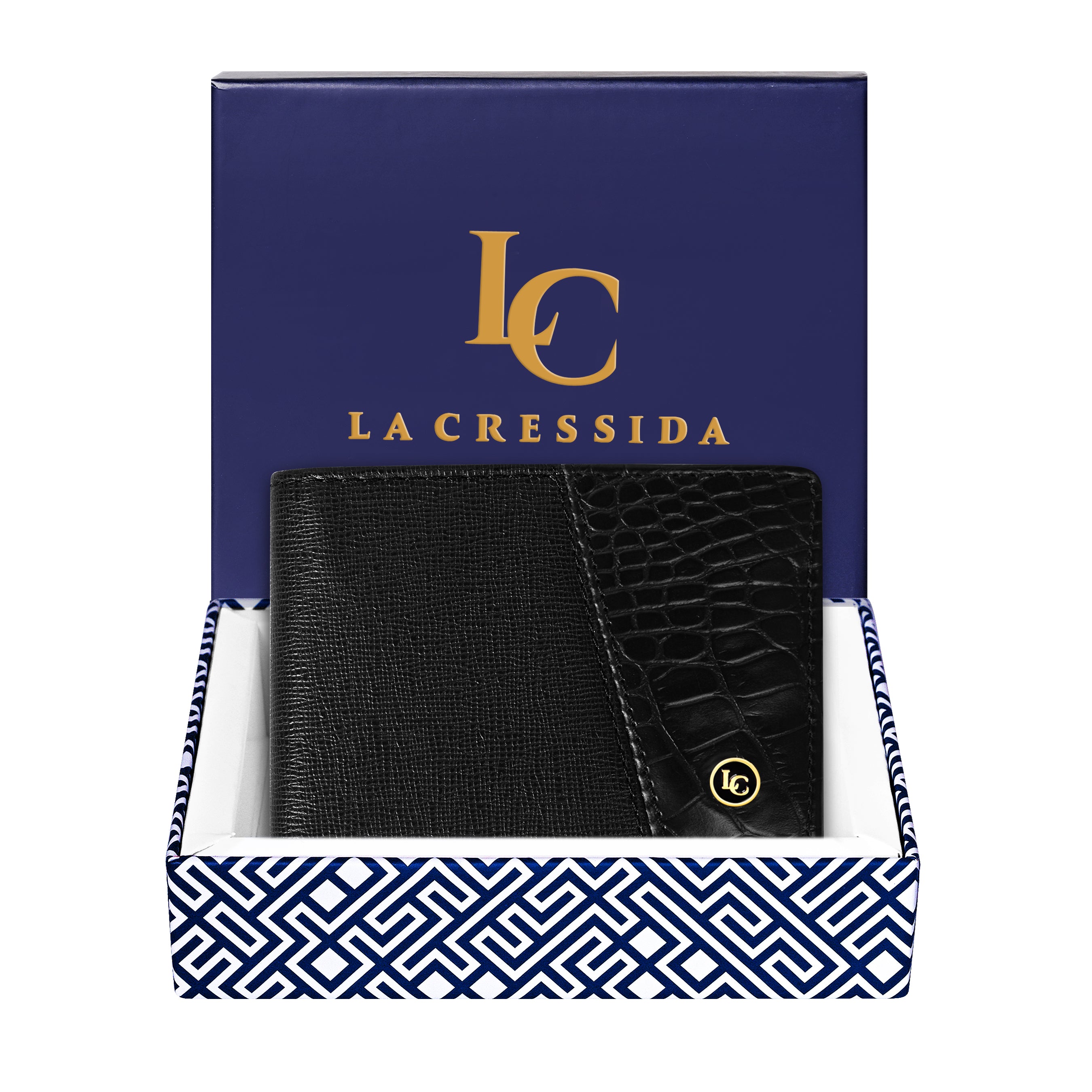 La Cressida Men's Saffiano Croco Print Black Leather Bi-fold Wallet
