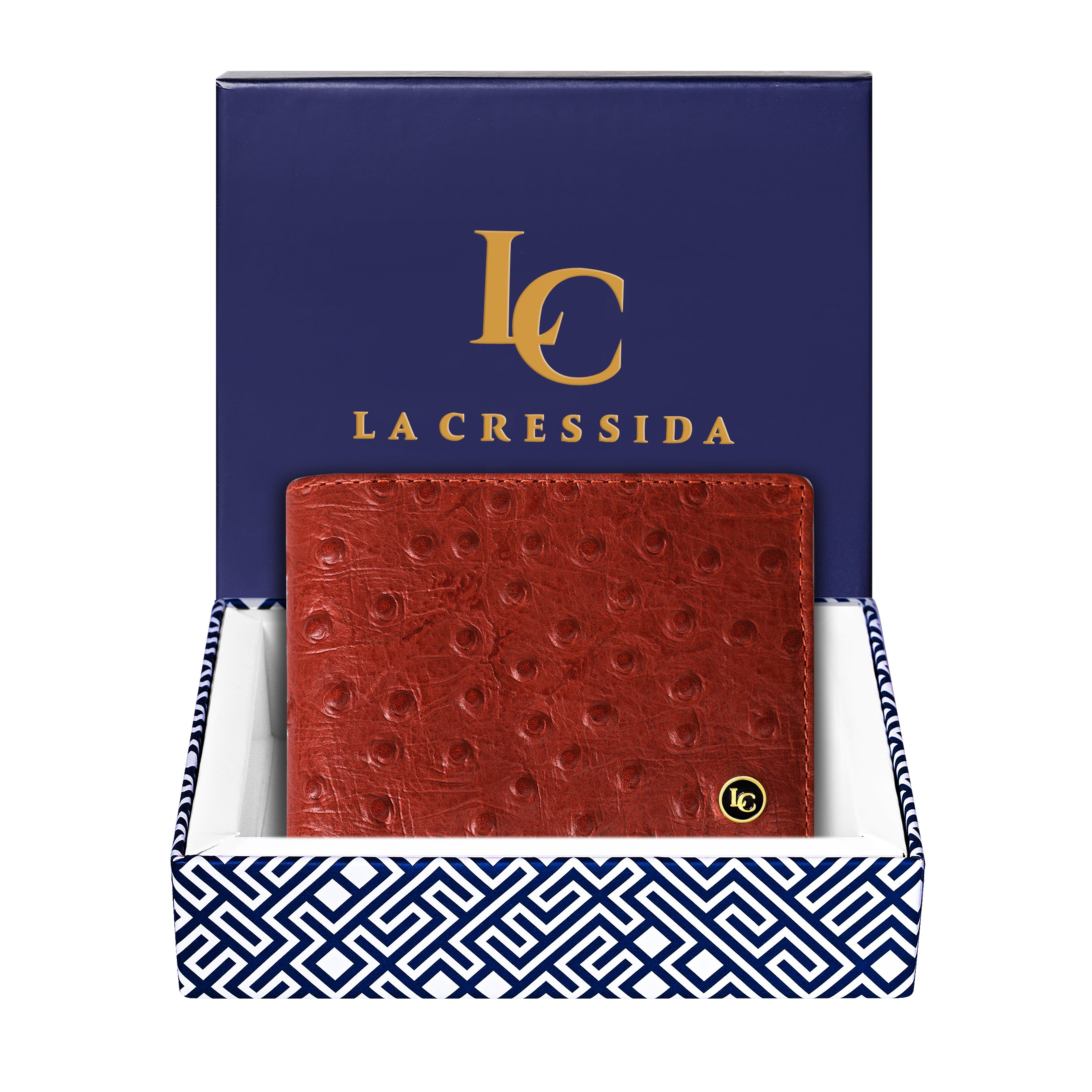 La Cressida Orange Men's Ostrich Print Leather Bi-fold Wallet