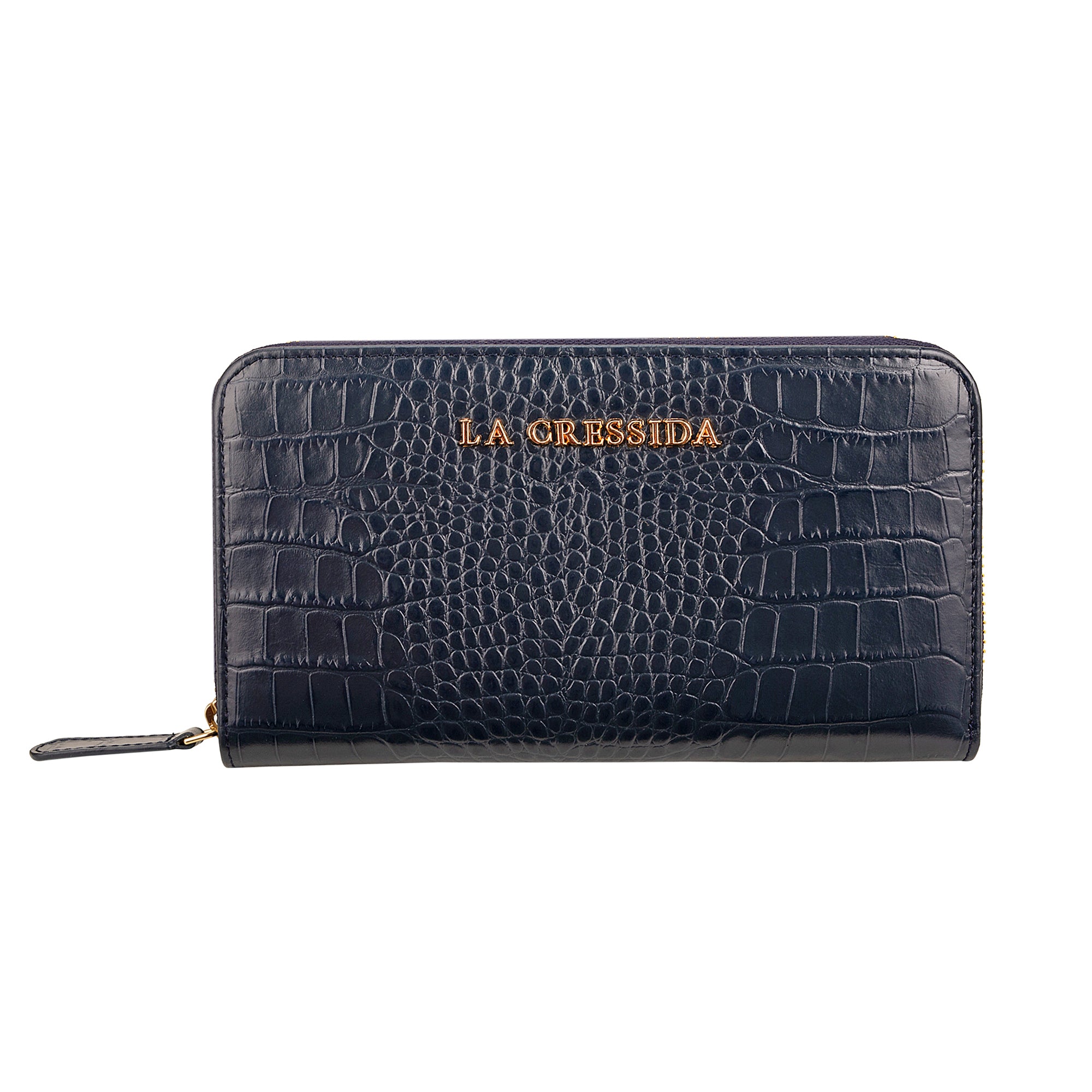 トーチカ　クロコダイルxエルバマットネイビー Navy Blue Croco Leather Clutch for Women | La Cressida