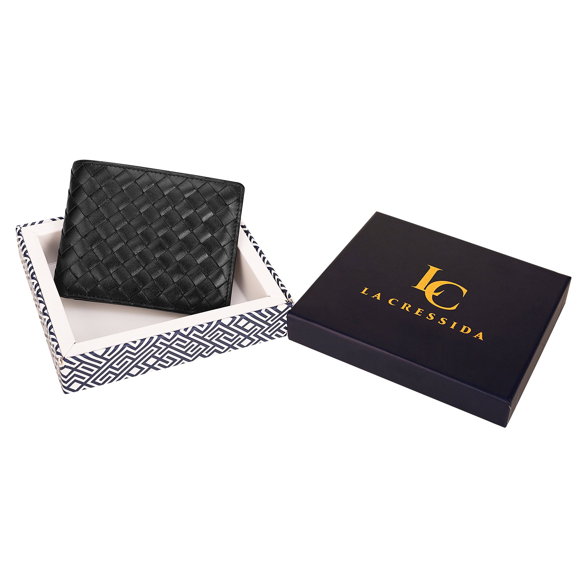 Black Men's Genuine Leather Weaved Bi-fold Wallet | La Cressida
