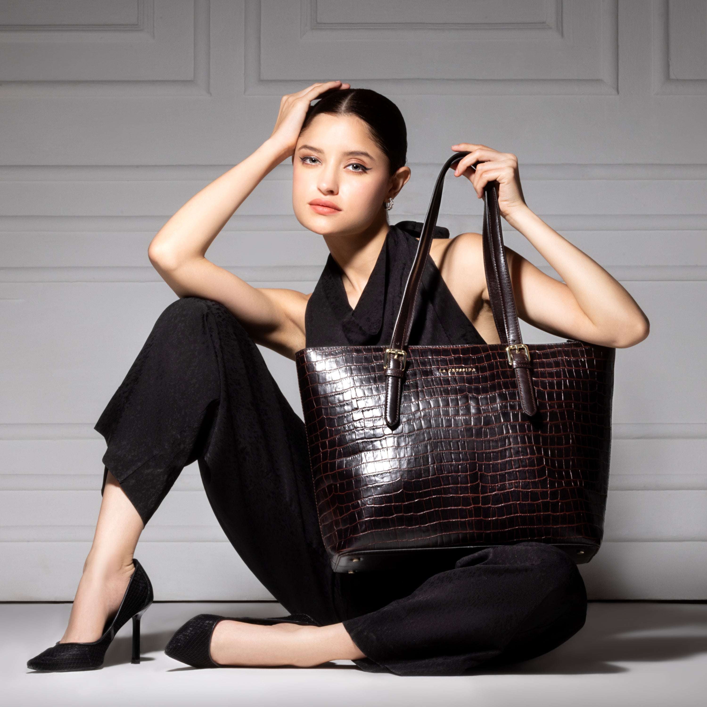 La Cressida Chocolate Brown Croco Leather Bag