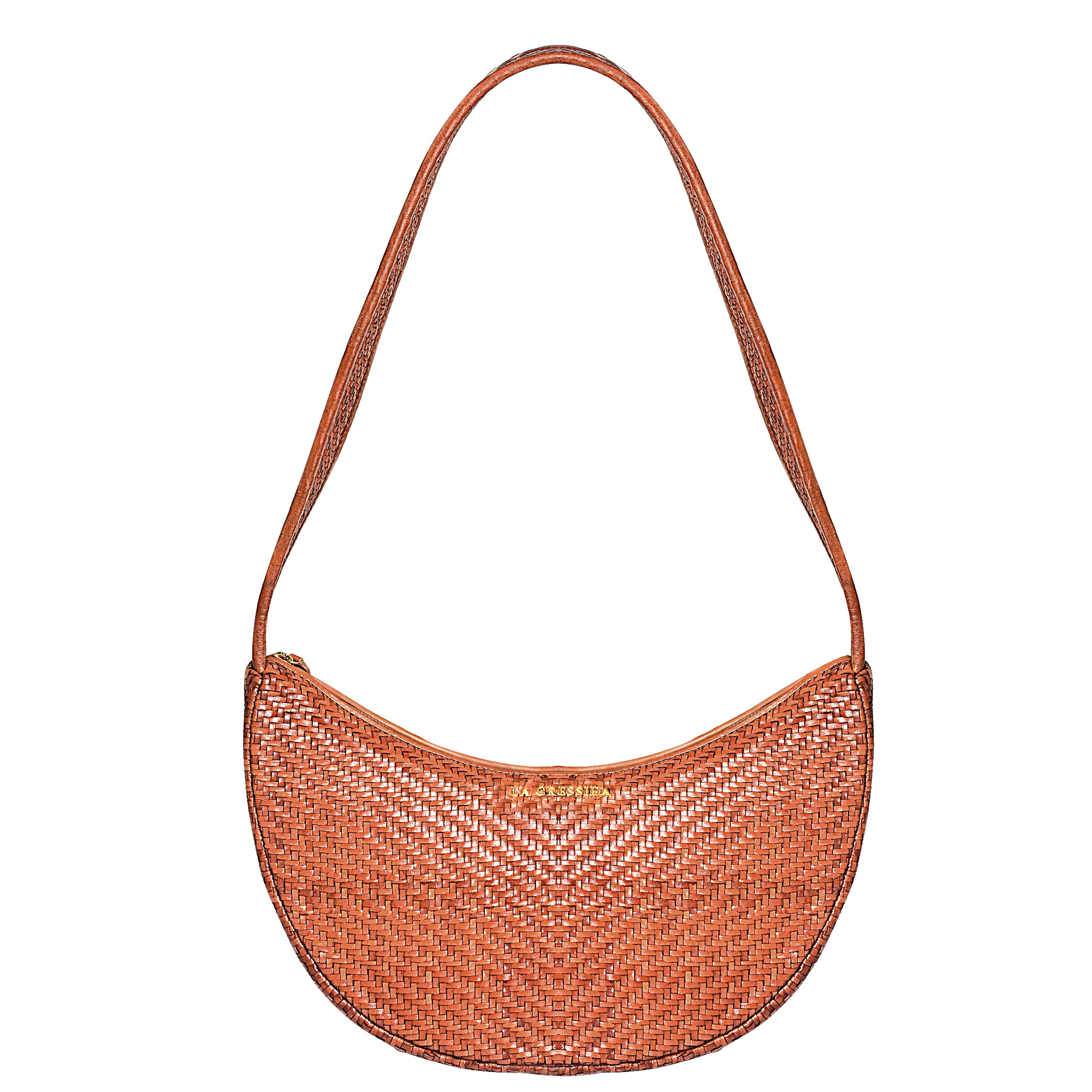 La Cressida Handwoven Brown Leather Half-Moon Shoulder Bag