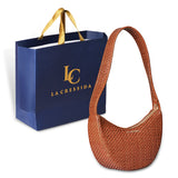 La Cressida Handwoven Brown Leather Half-Moon Shoulder Bag