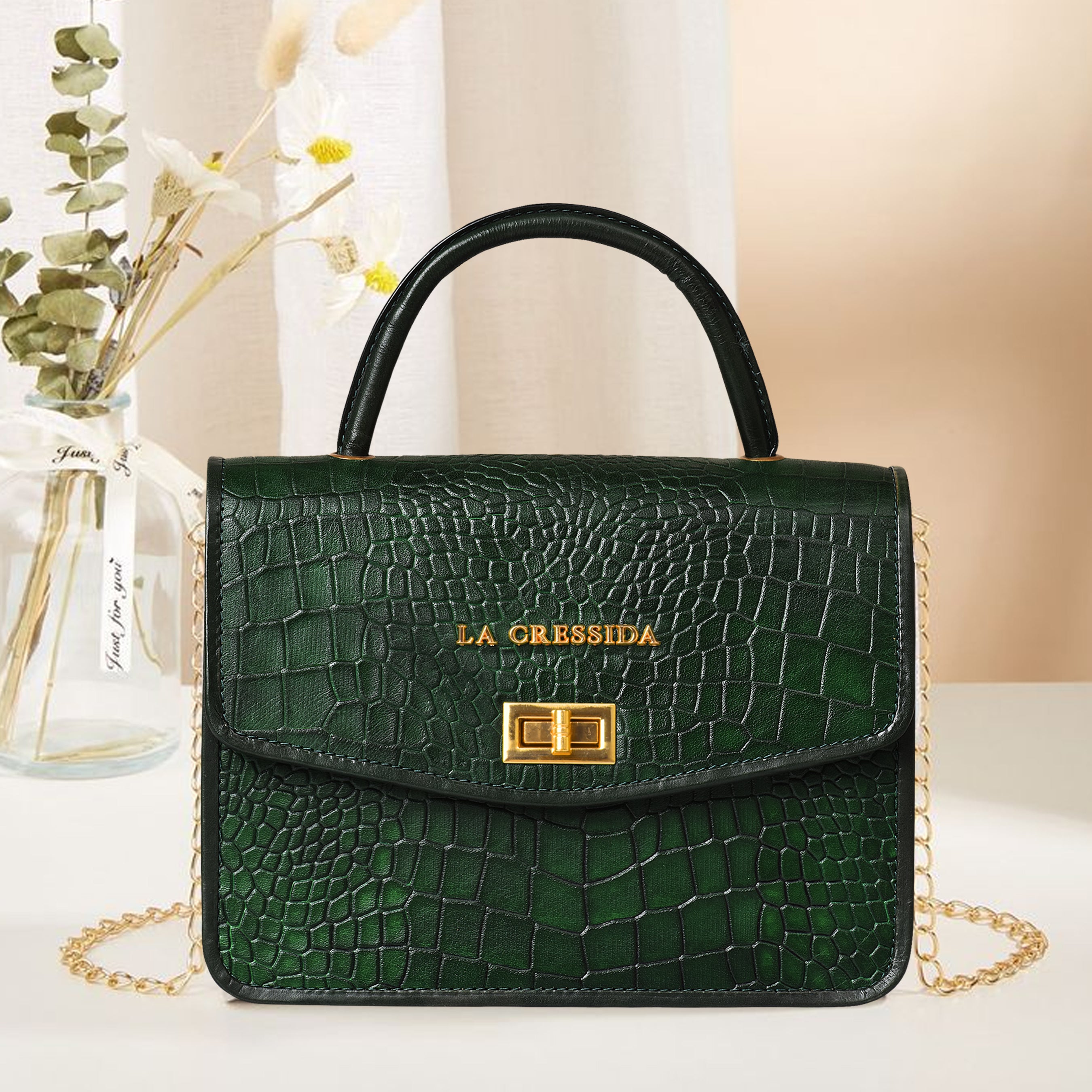 Emerald Green Croc-Embossed Mini Bag | La Cressida