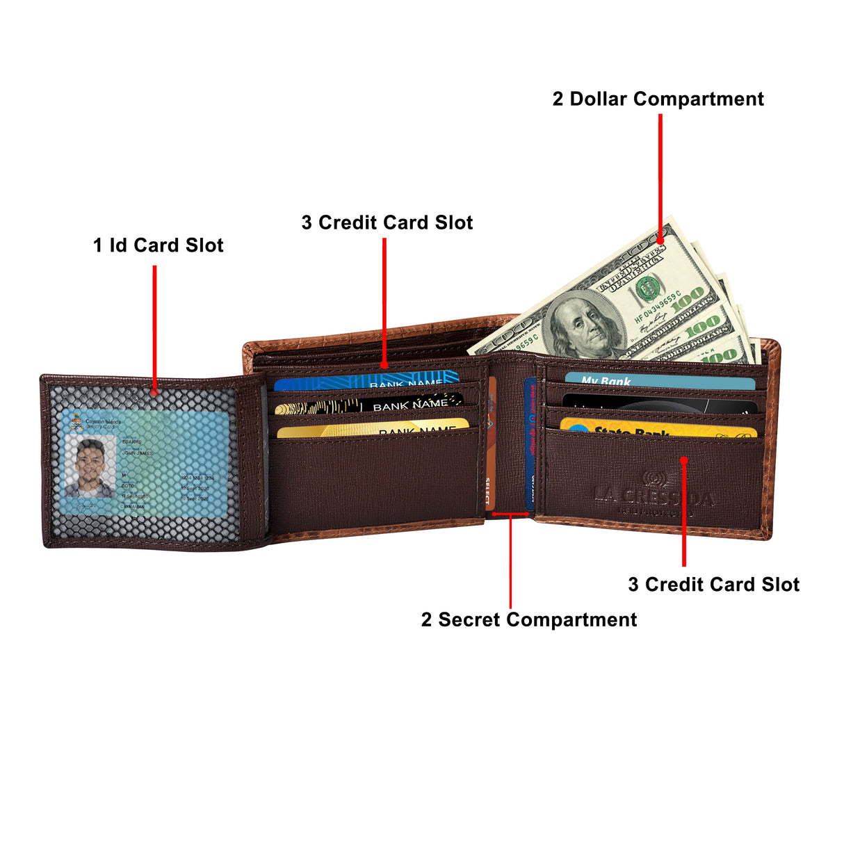 La Cressida Men's Brown Croco Print Bi-fold Leather Wallet