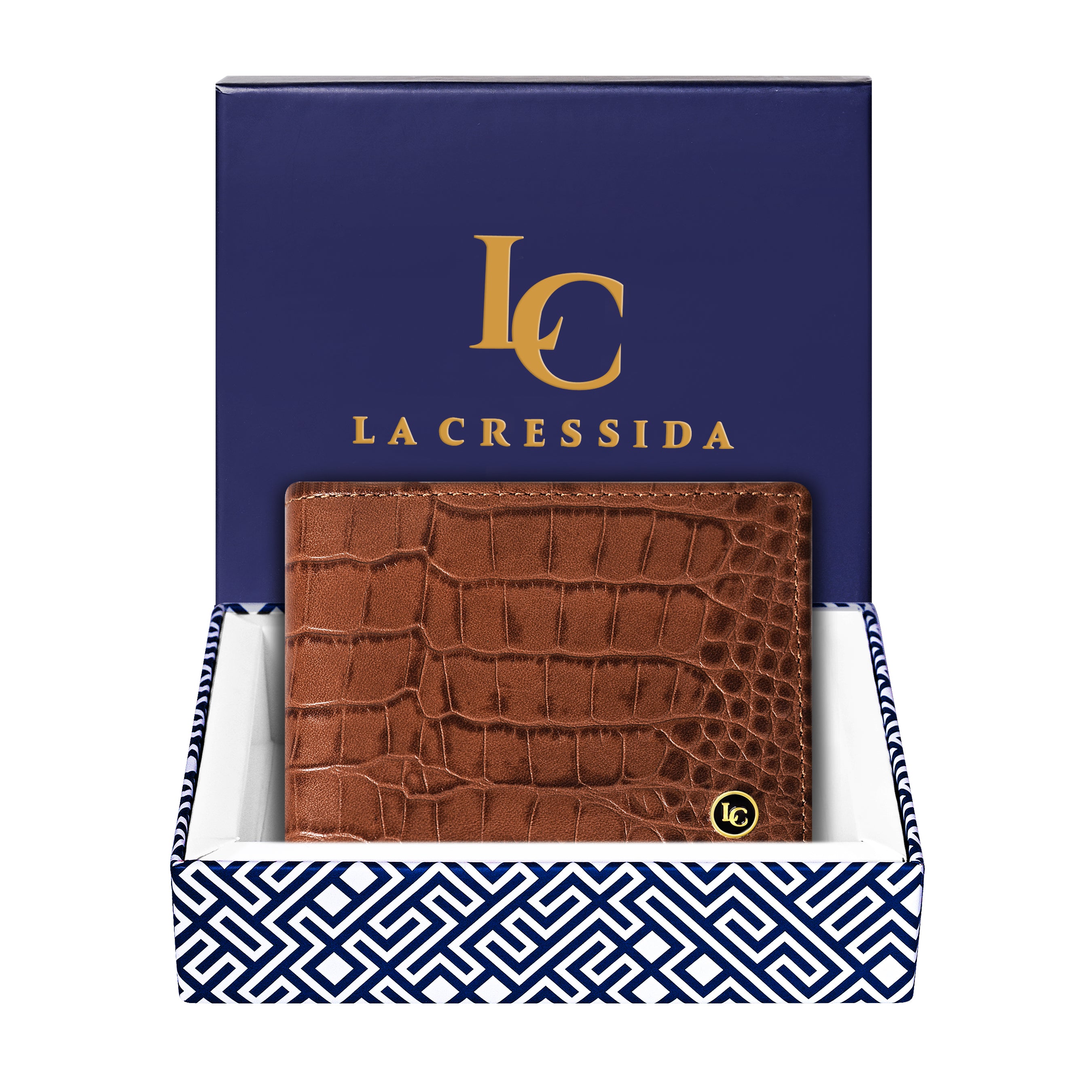 La Cressida Men's Brown Croco Print Bi-fold Leather Wallet
