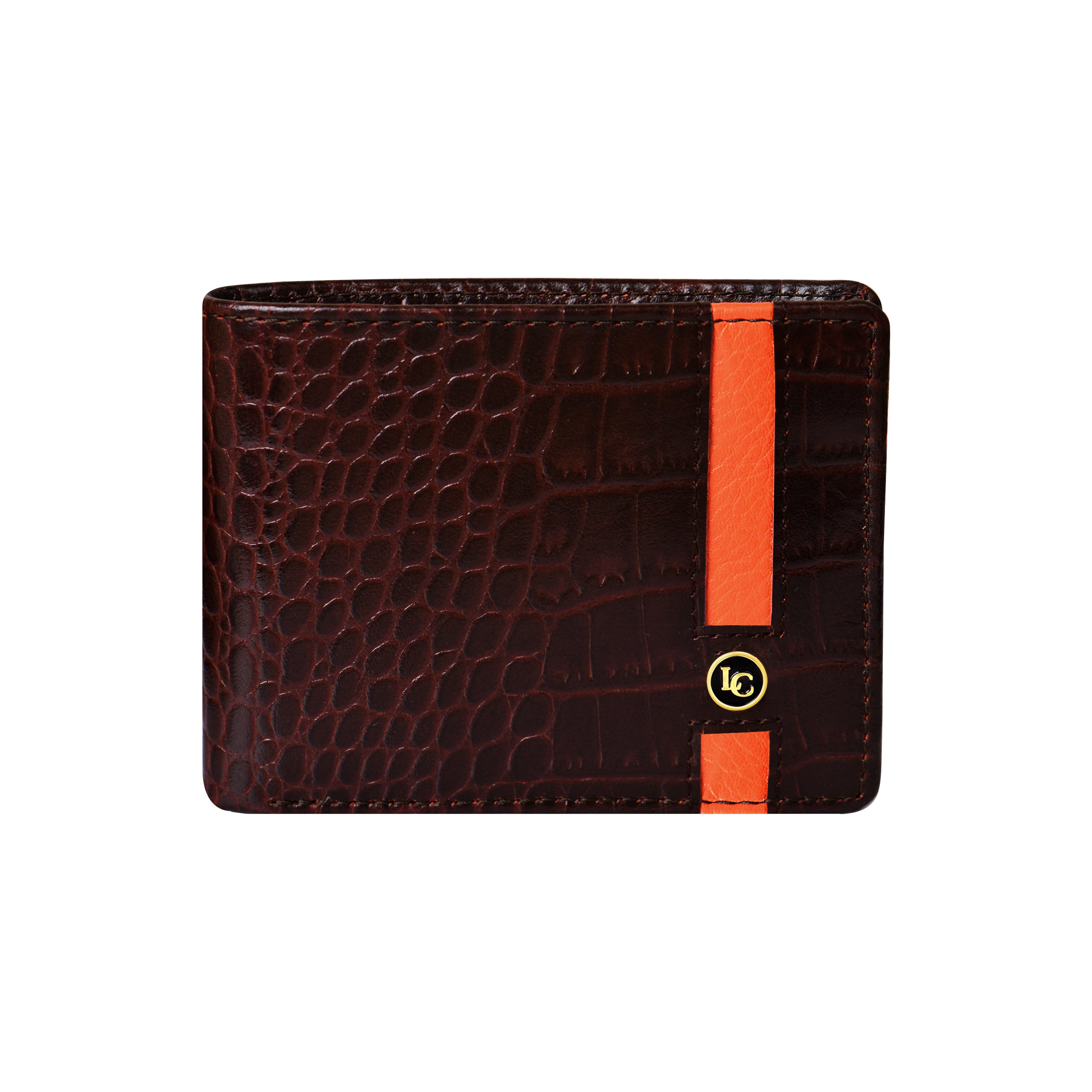 La Cressida Men's Brown Croco-Embossed Wallet with Orange Stripe