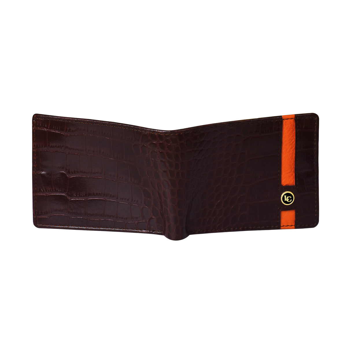 La Cressida Men's Brown Croco-Embossed Wallet with Orange Stripe