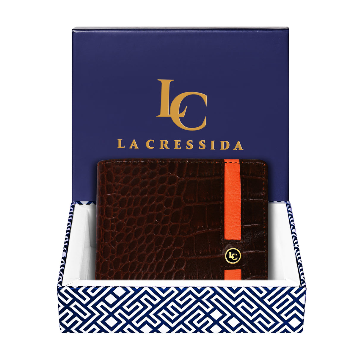 La Cressida Men's Brown Croco-Embossed Wallet with Orange Stripe