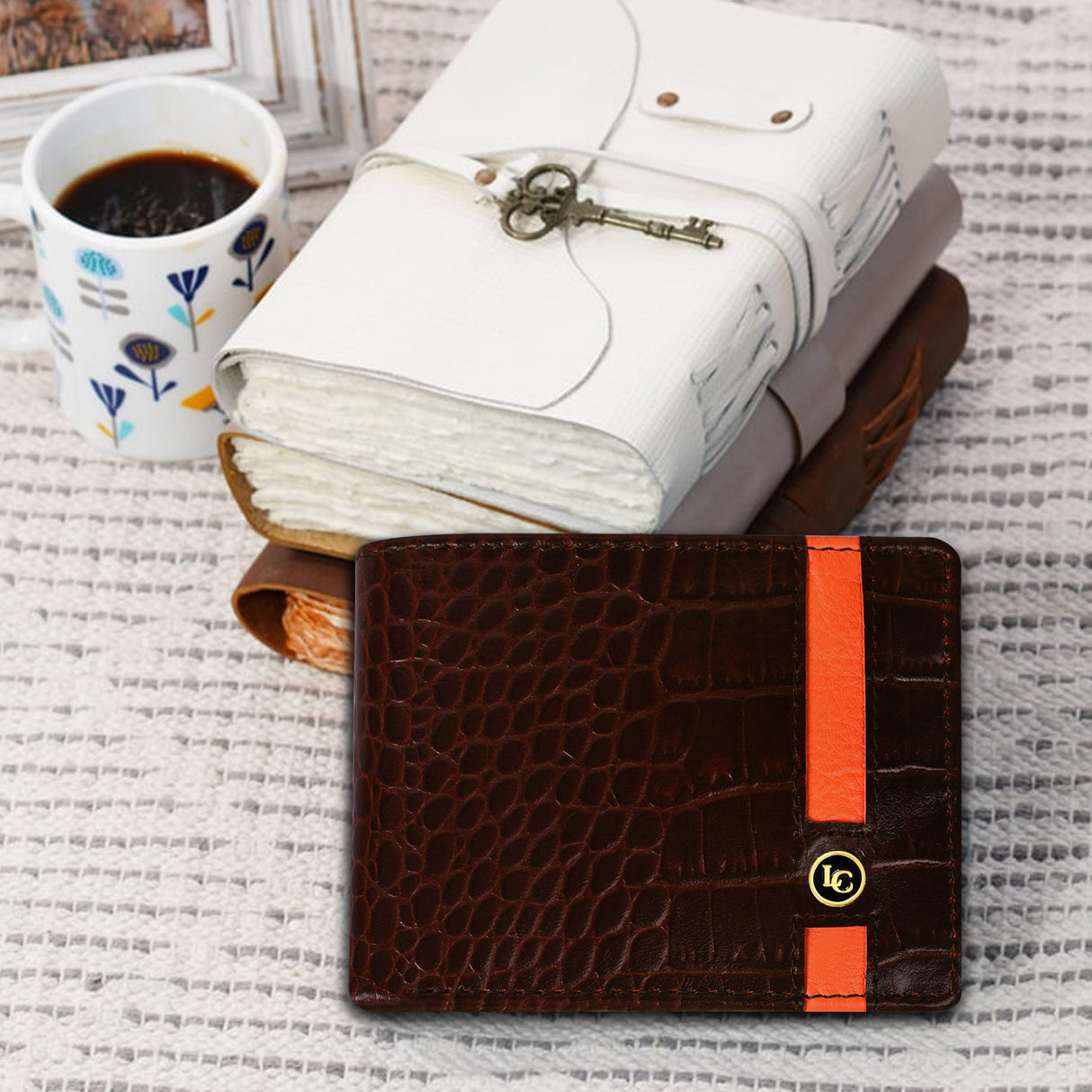 La Cressida Men's Brown Croco-Embossed Wallet with Orange Stripe