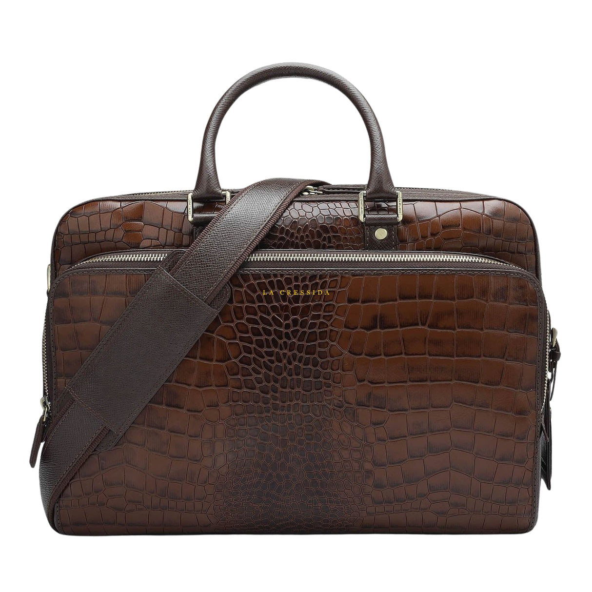 Croco Leather Laptop Bag - Brown