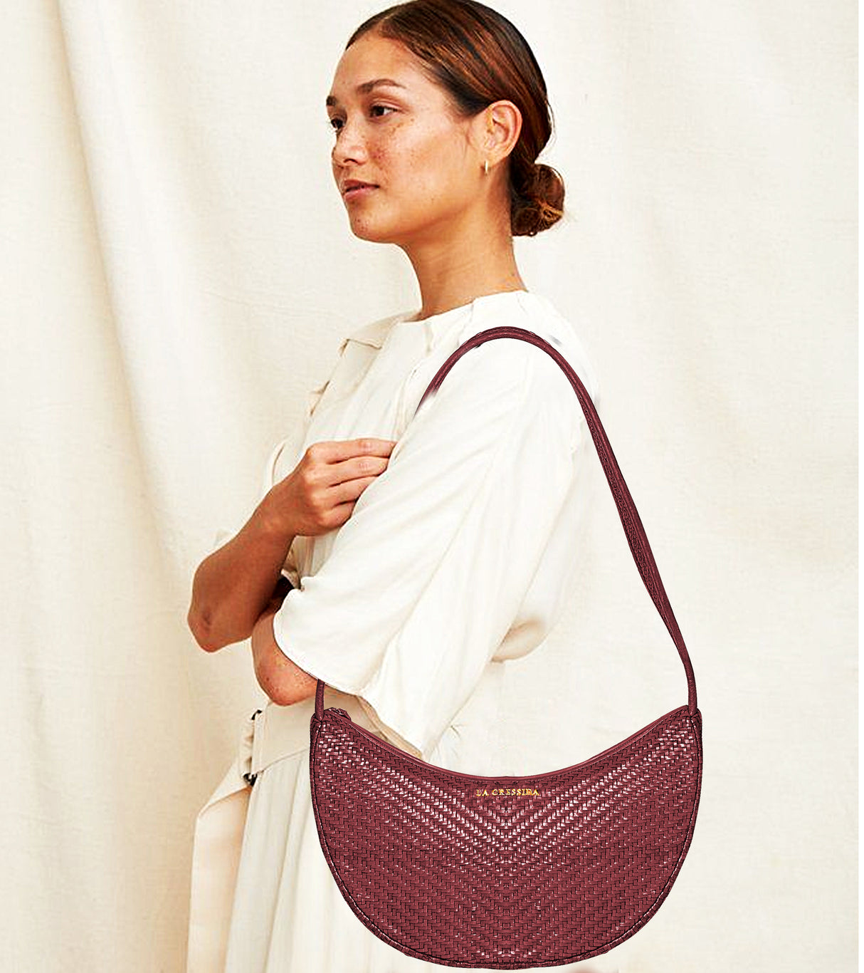 La Cressida Handwoven Cherry Leather Half-Moon Shoulder Bag