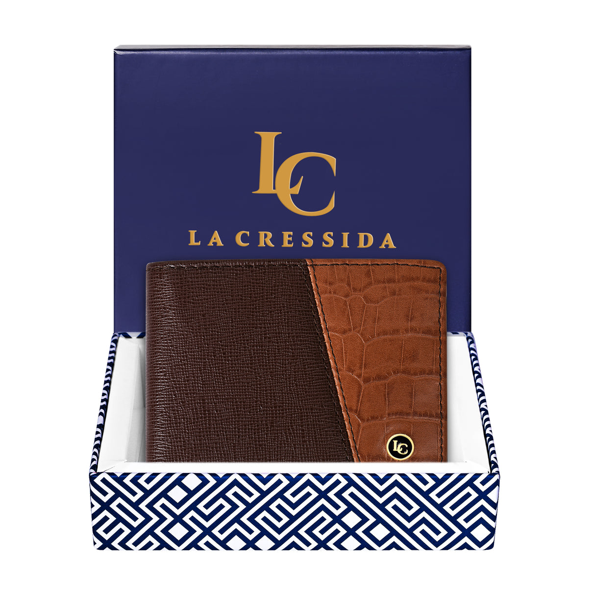 La Cressida Men's Saffiano Croco Print Brown Tan Leather Bi-fold Wallet