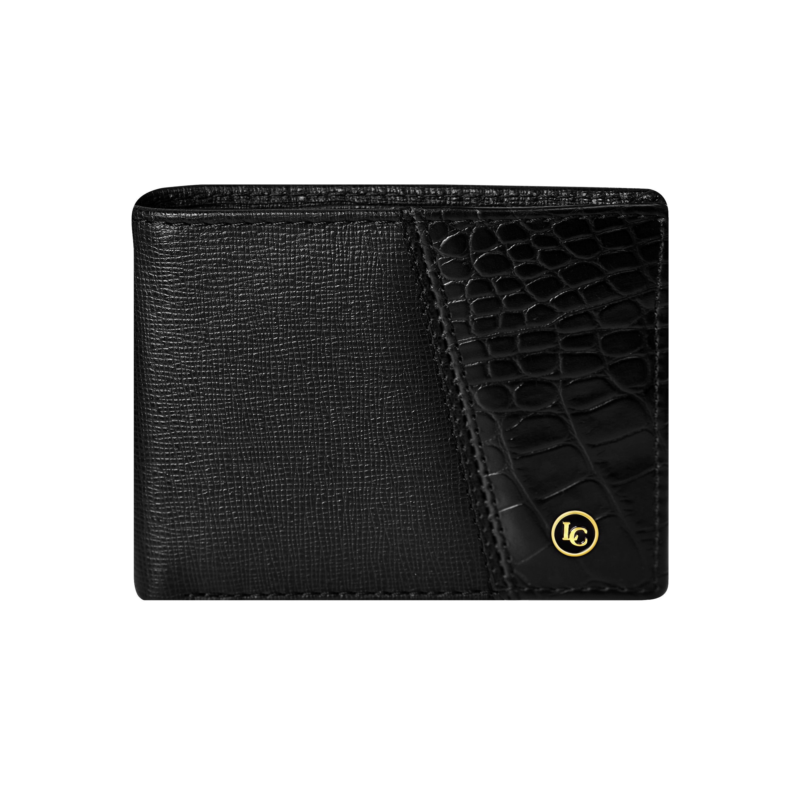 La Cressida Men's Saffiano Croco Print Black Leather Bi-fold Wallet