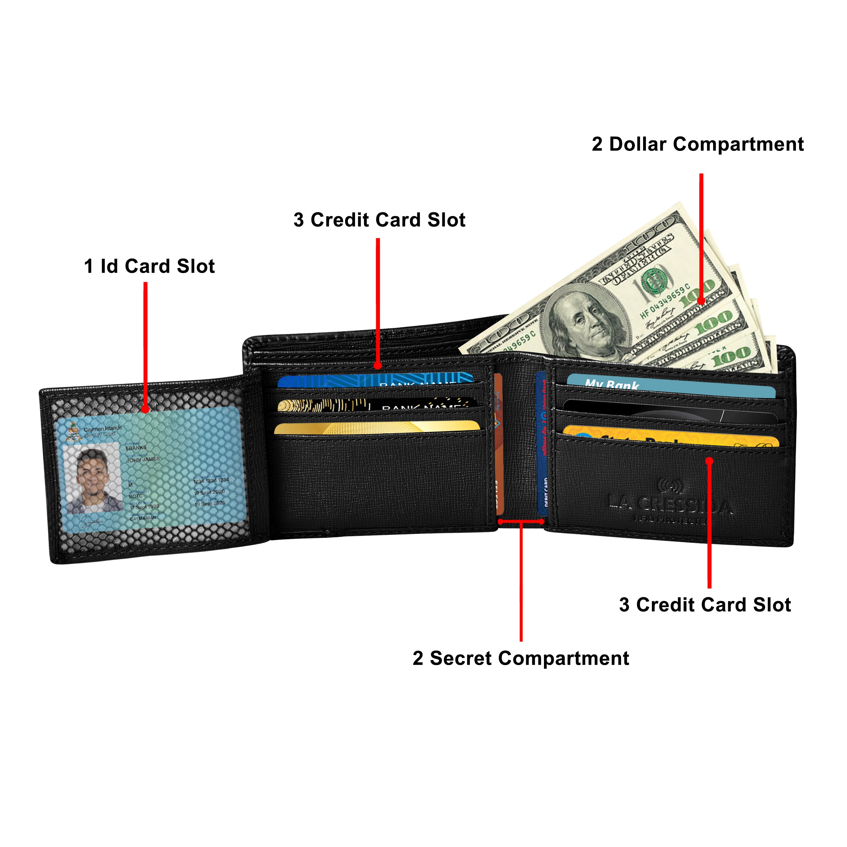 La Cressida Men's Saffiano Croco Print Black Leather Bi-fold Wallet