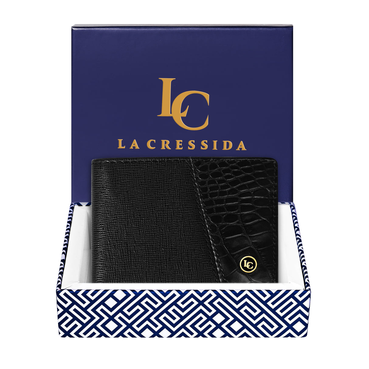 La Cressida Men's Saffiano Croco Print Black Leather Bi-fold Wallet