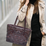 La Cressida Handwoven Brown Leather Tote Bag for Women