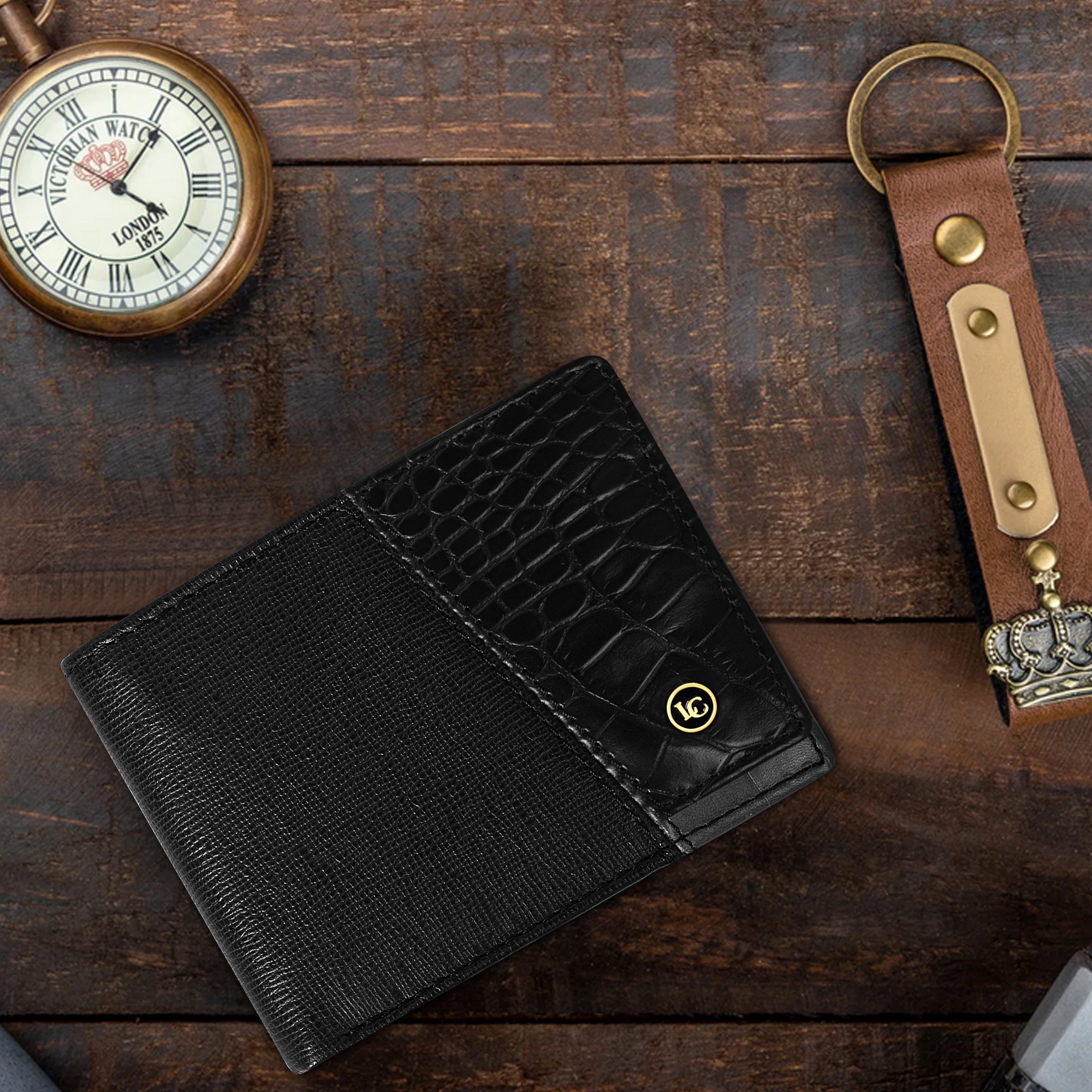 La Cressida Men's Saffiano Croco Print Black Leather Bi-fold Wallet