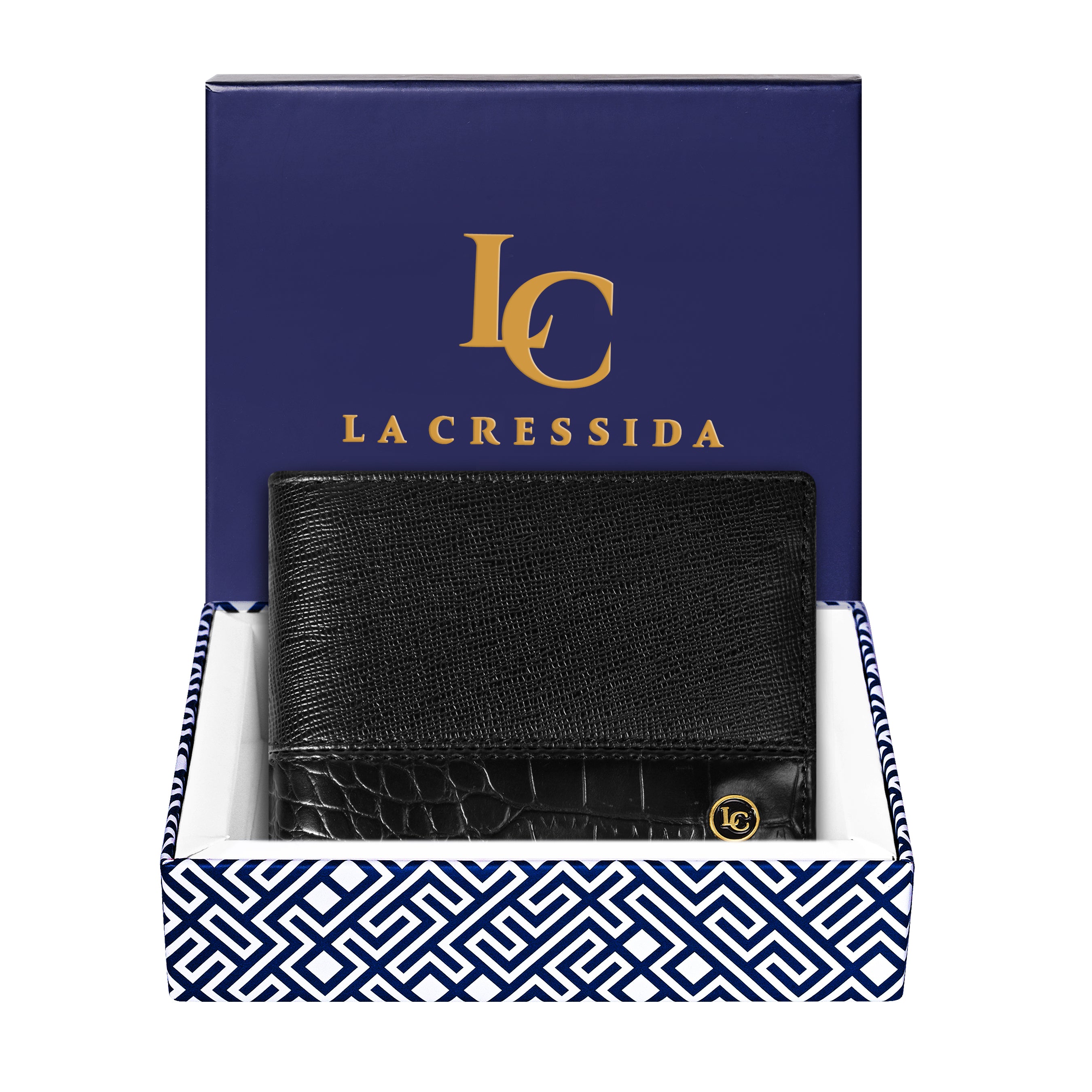 La Cressida Black Men's Saffiano Leather Bi-fold Wallet