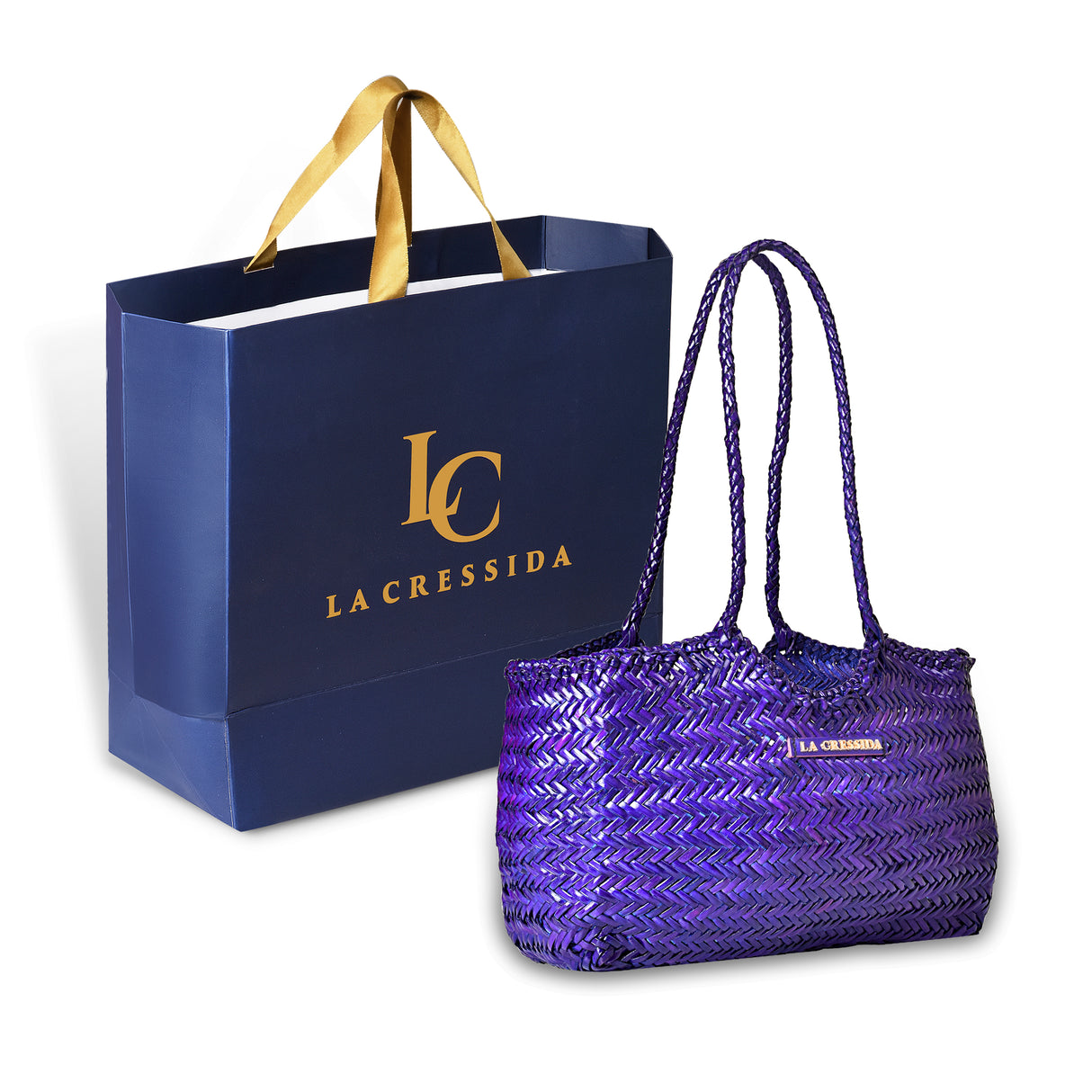 La Cressida Purple Woven Leather Tote Bag