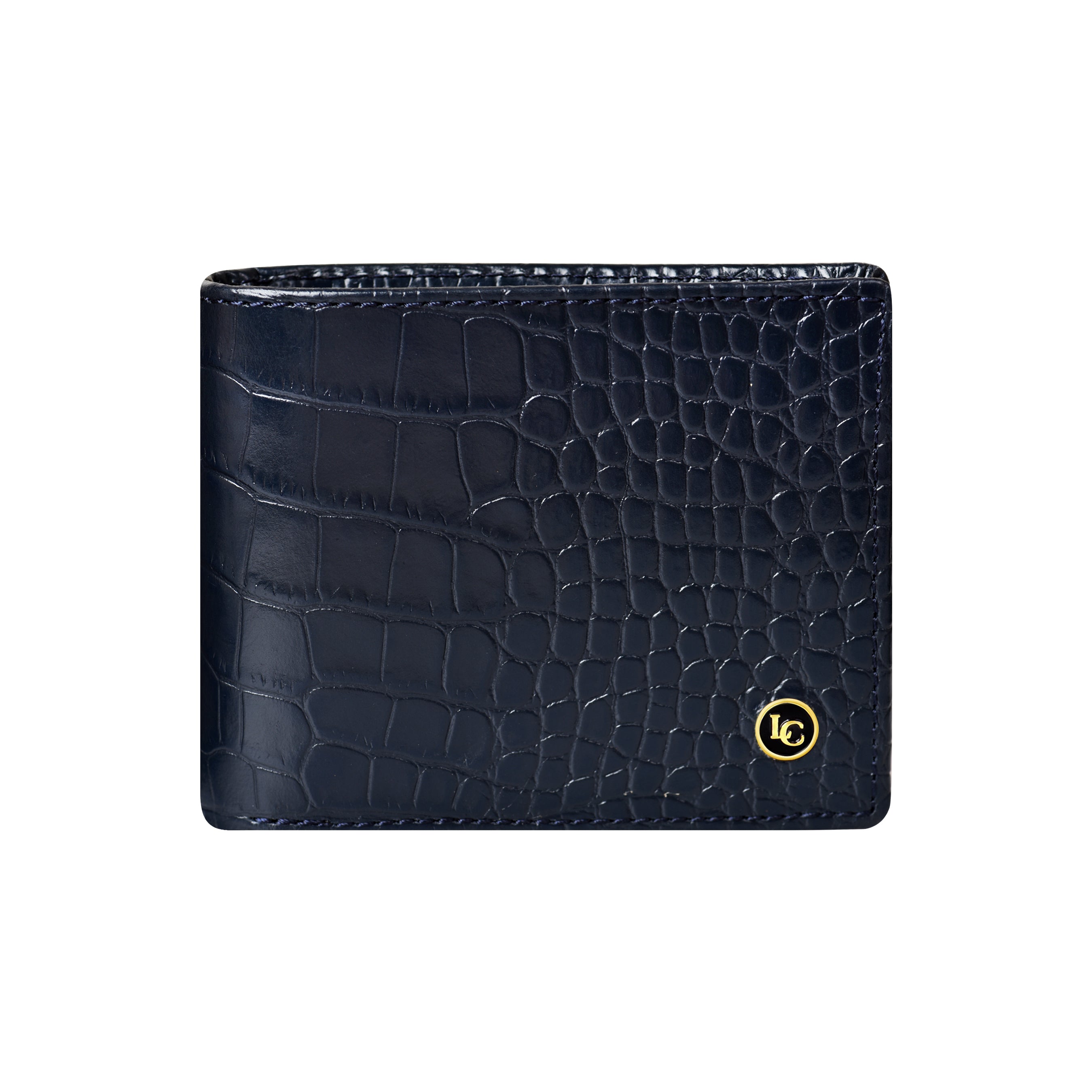 Men's Navy Blue Croco Print Bi-fold Leather Wallet | La Cressida