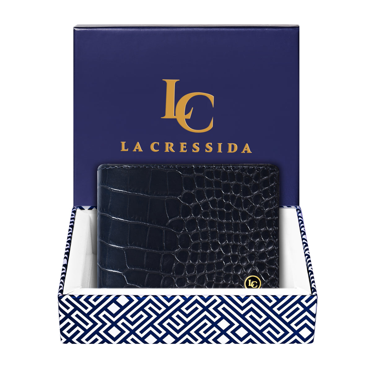 La Cressida Men's Navy Blue Croco Print Bi-fold Leather Wallet