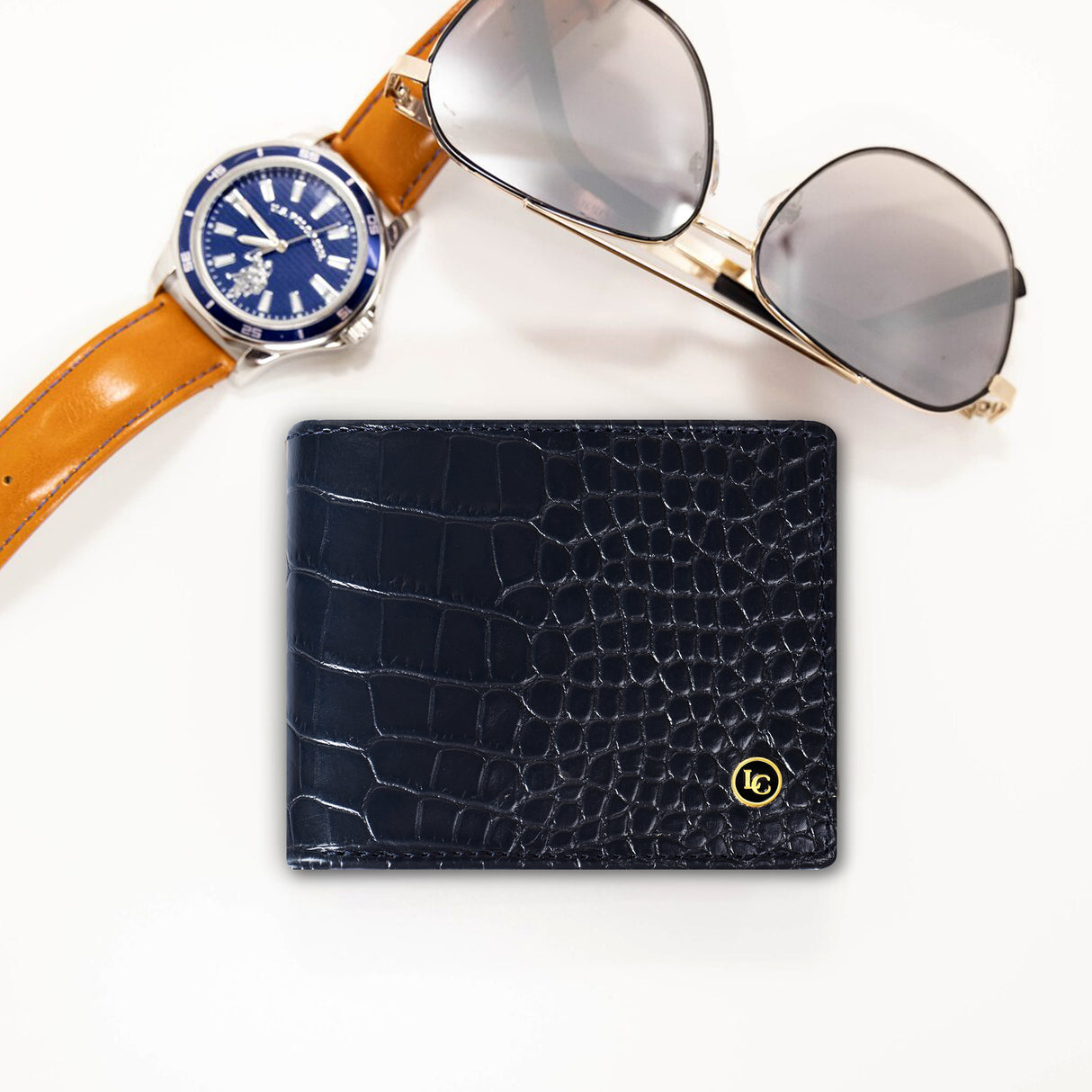 La Cressida Men's Navy Blue Croco Print Bi-fold Leather Wallet