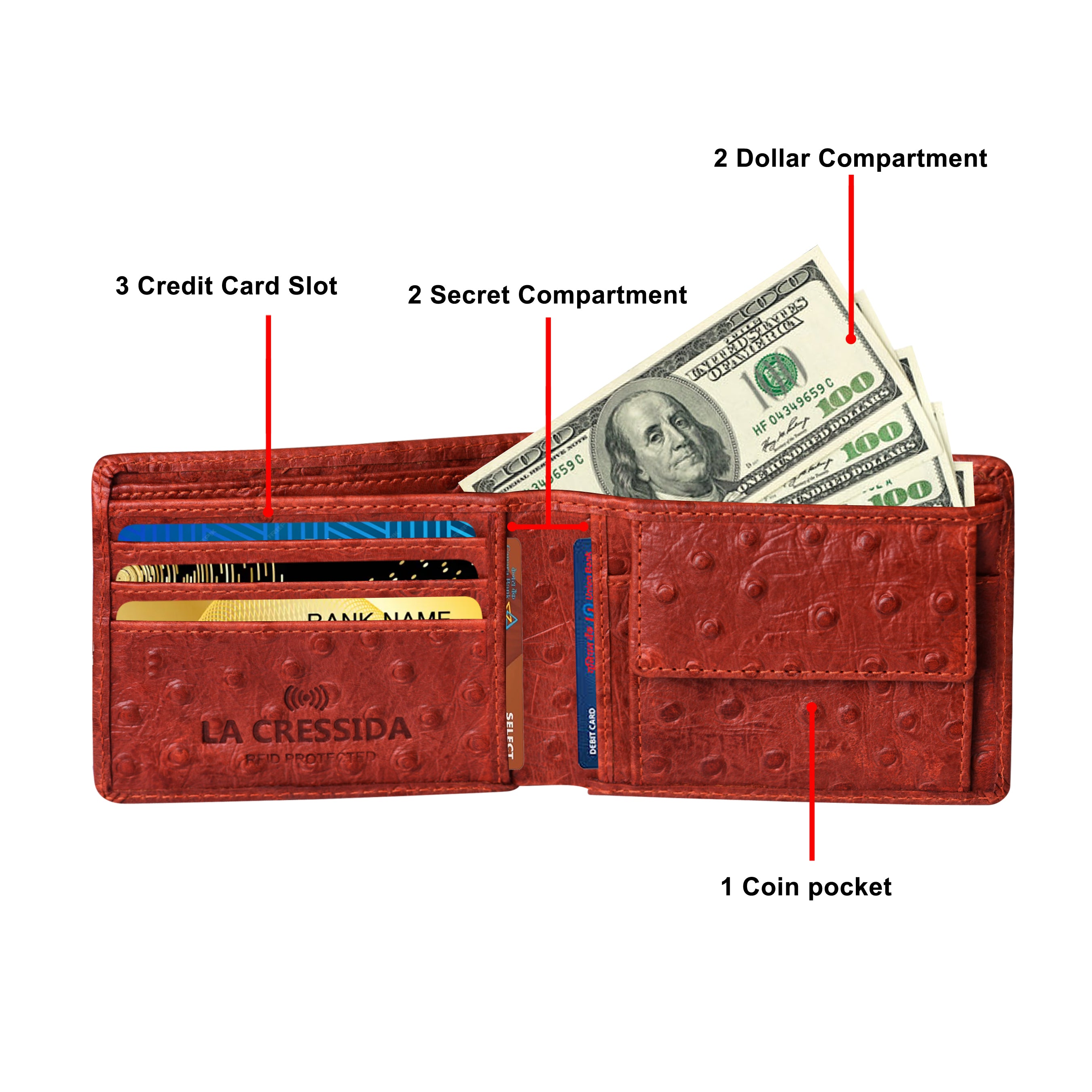 La Cressida Orange Men's Ostrich Print Leather Bi-fold Wallet