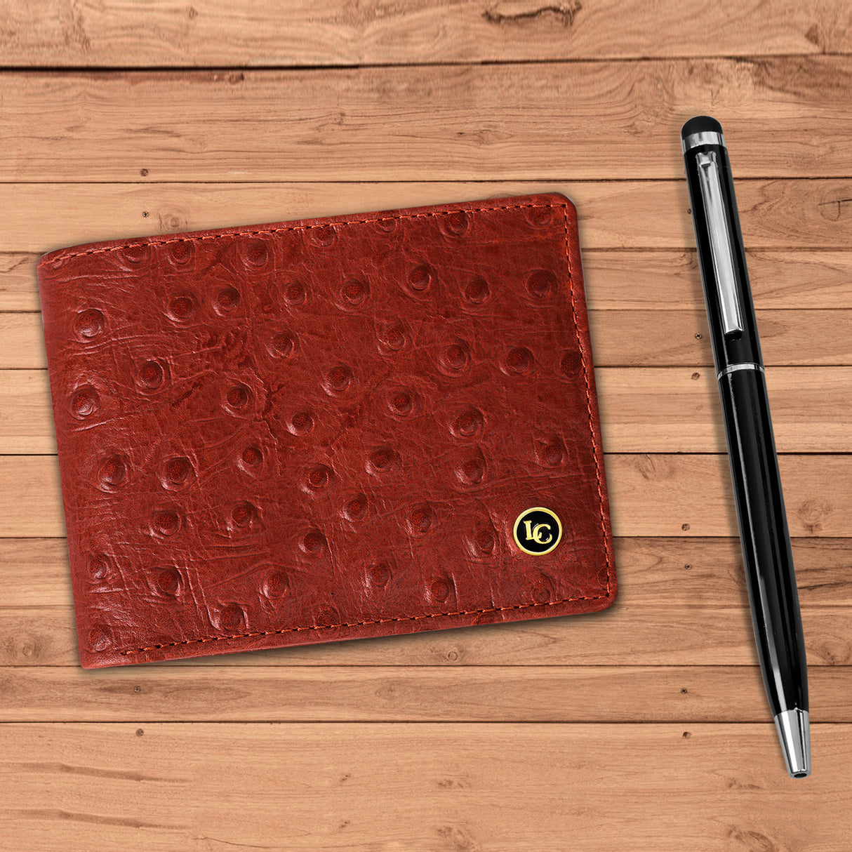 La Cressida Orange Men's Ostrich Print Leather Bi-fold Wallet