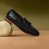 La Cressida Men's Black Handwoven Leather Tassel Loafer