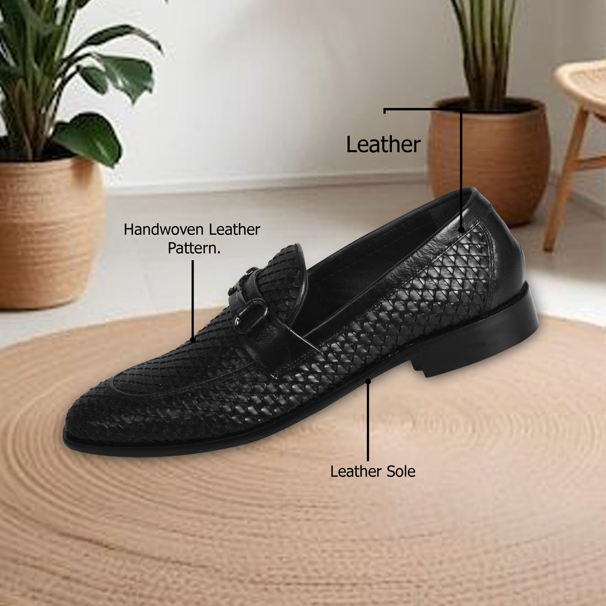 La Cressida Men's Black Handwoven Diamond Cut Leather Loafer