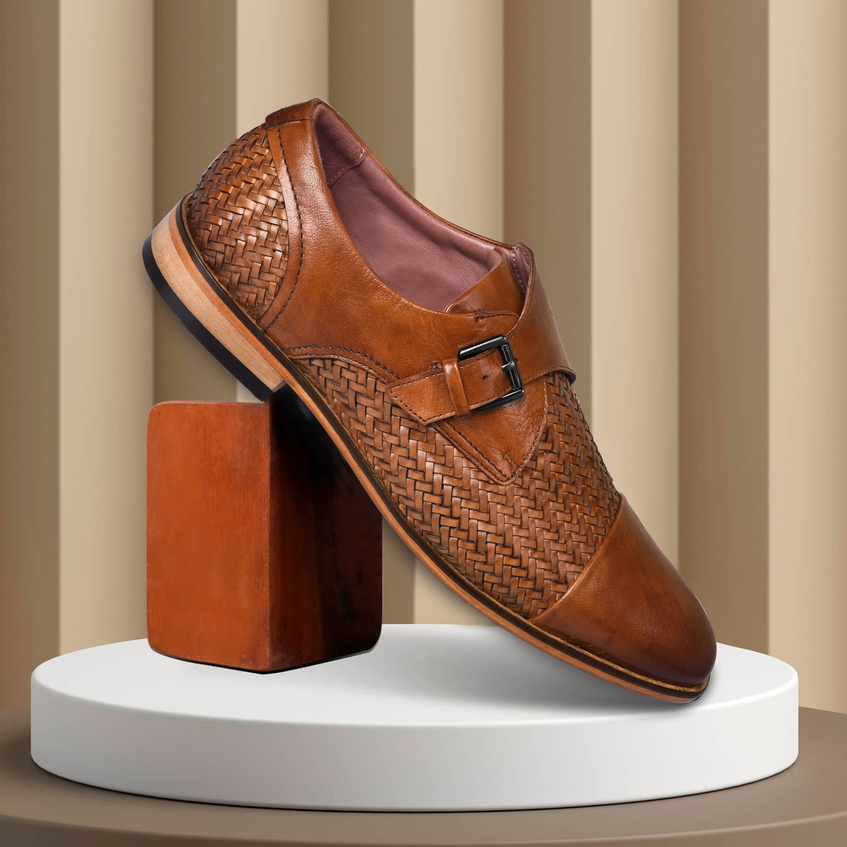 Men's Brown Handwoven Leather Monk Strap Shoe | La Cressida