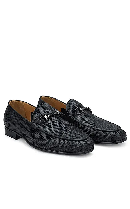 Black Textured Loafers With Buckle