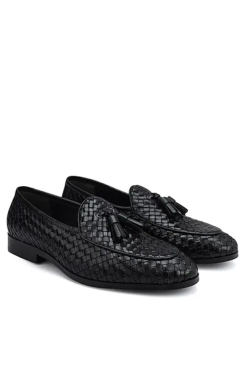 Black Woven Leather Loafers With Tassels