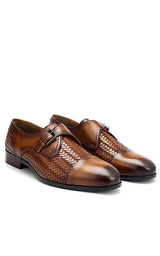 Tan Textured Leather Monk Straps Men shoe