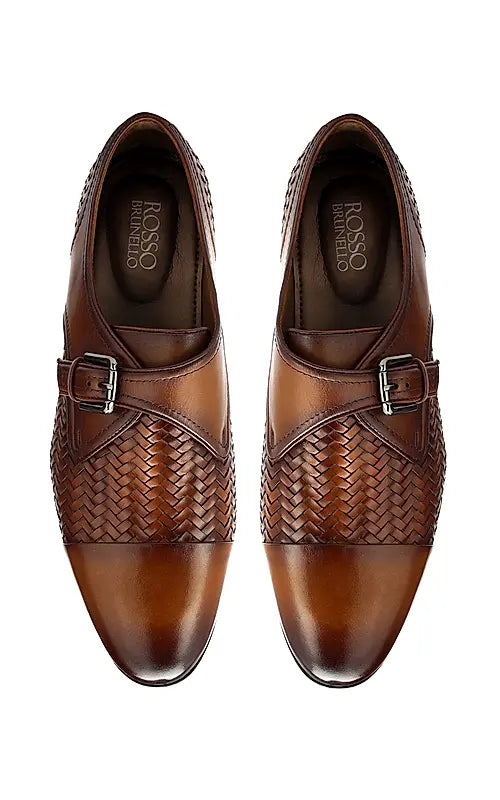 Tan Textured Leather Monk Straps Men shoe