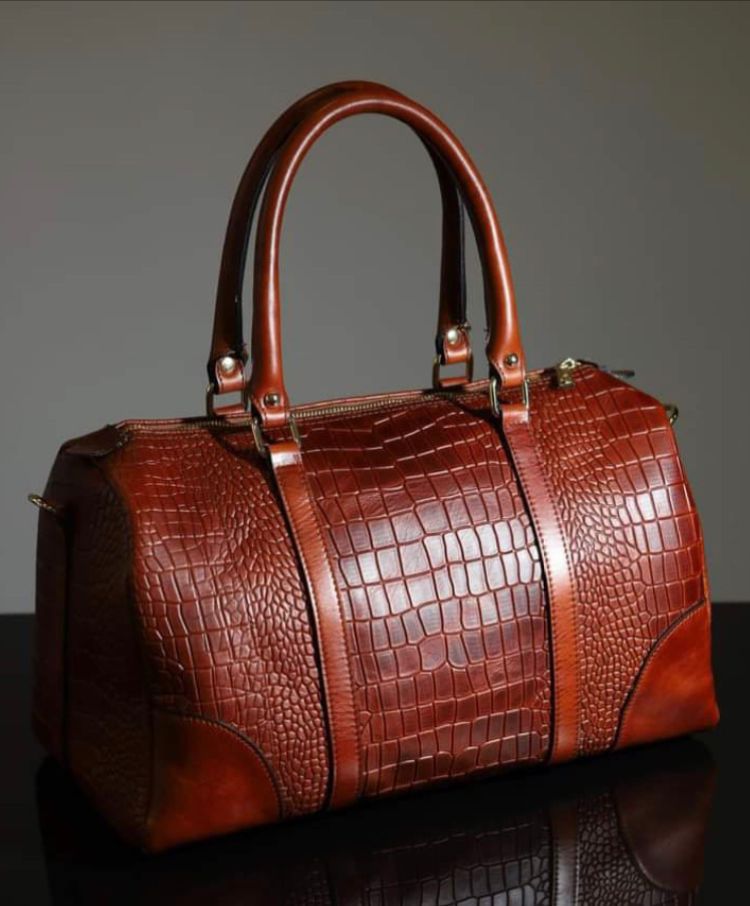 Croco print premium brown leather duffel bag